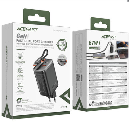 Acefast A111 USB-C Network Charger with Cable, 67W, 3A, 1 x USB-A - 1 x USB-C, Black