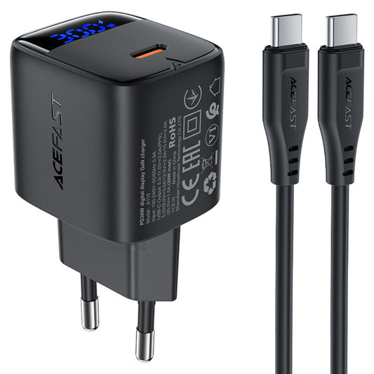 Nätverksladdare med USB-C-kabel Acefast A115 Display, 30W, 3A, 1 x USB-C, Svart