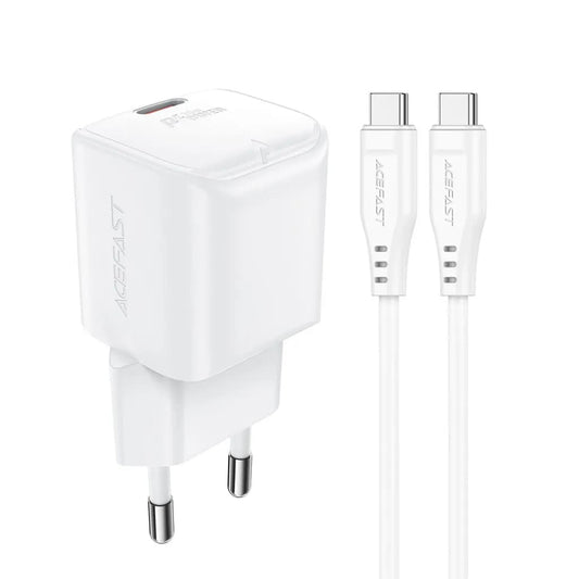 Nätverksladdare med USB-C-kabel Acefast A77, 30W, 3A, 1 x USB-C, Vit