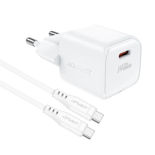 Nätverksladdare med USB-C-kabel Acefast A77, 30W, 3A, 1 x USB-C, Vit