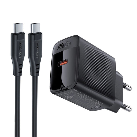 Nätverksladdare med USB-C-kabel Acefast A82, 20W, 3A, 1 x USB-C, Svart