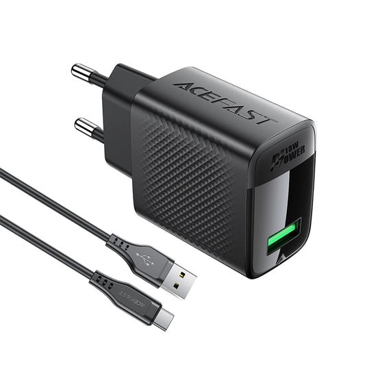 Nätverksladdare med USB-C-kabel Acefast A90, 18W, 3A, 1 x USB-A, Svart