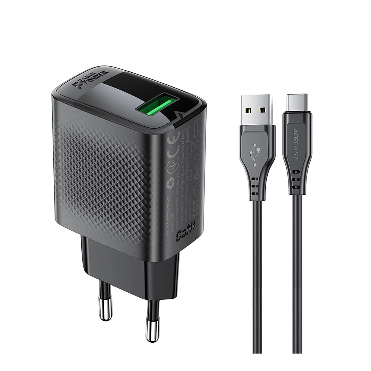 Nätverksladdare med USB-C-kabel Acefast A90, 18W, 3A, 1 x USB-A, Svart