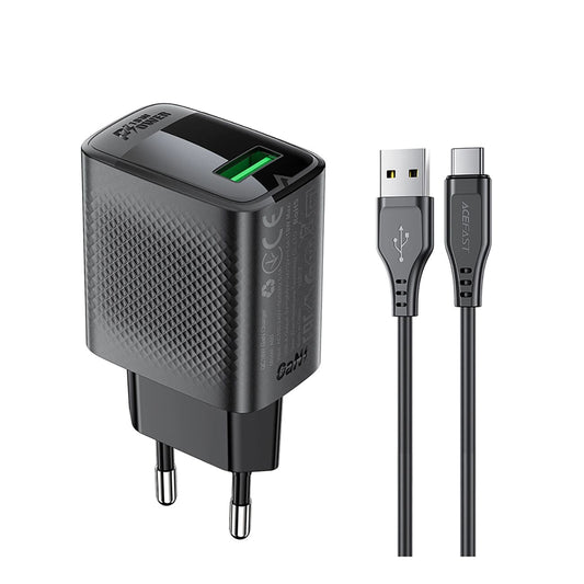 Acefast A90 USB-C Network Charger, 18W, 3A, 1 x USB-A, Black