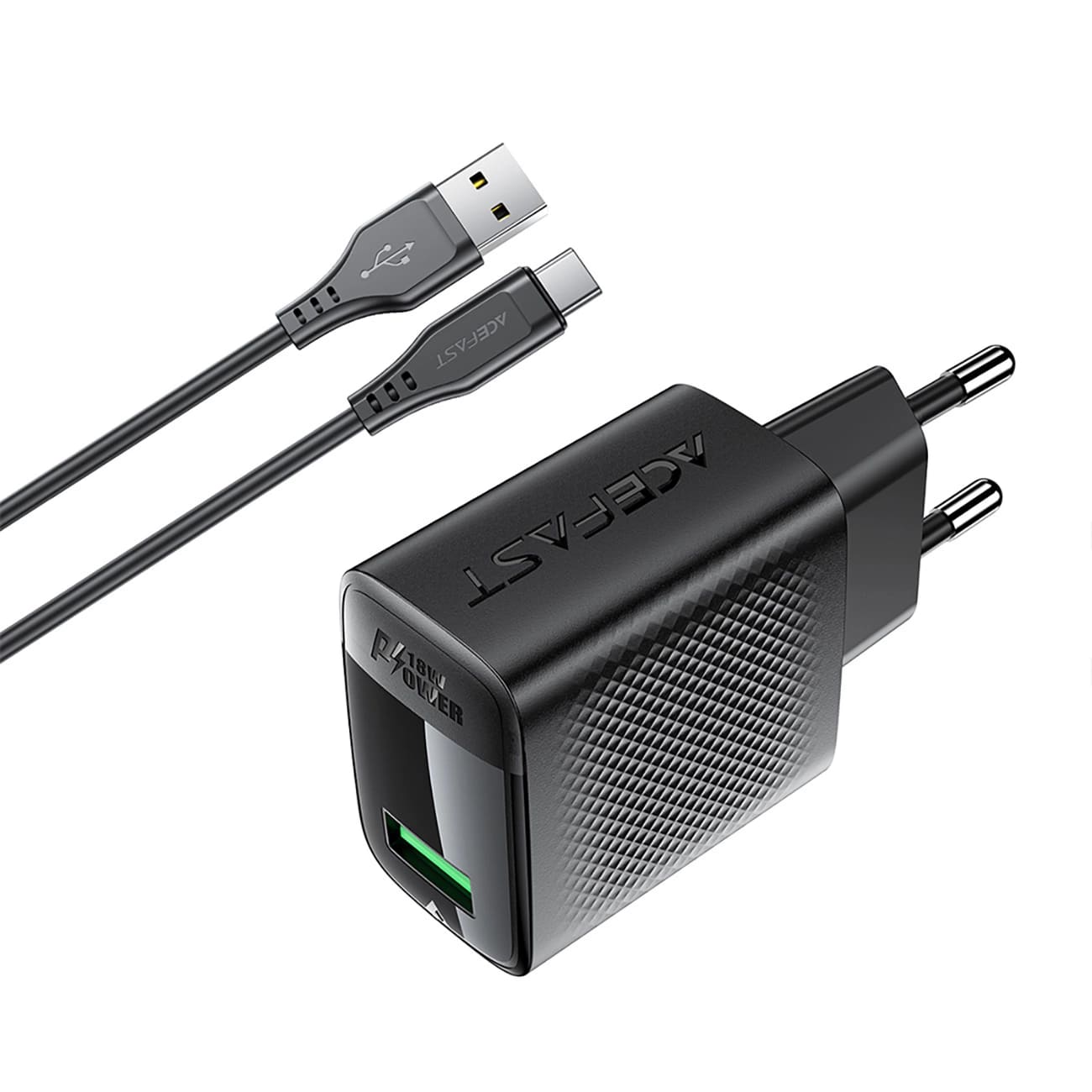 Nätverksladdare med USB-C-kabel Acefast A90, 18W, 3A, 1 x USB-A, Svart