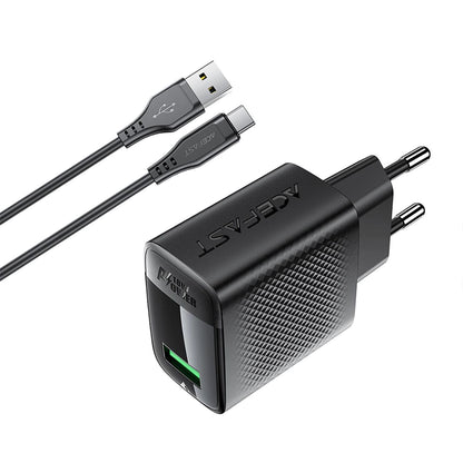Nätverksladdare med USB-C-kabel Acefast A90, 18W, 3A, 1 x USB-A, Svart
