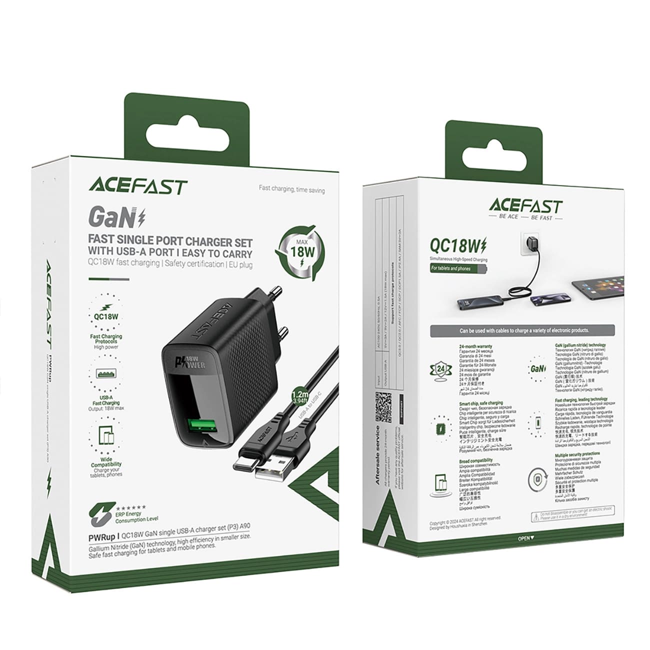 Nätverksladdare med USB-C-kabel Acefast A90, 18W, 3A, 1 x USB-A, Svart