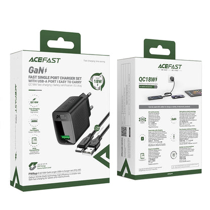 Nätverksladdare med USB-C-kabel Acefast A90, 18W, 3A, 1 x USB-A, Svart