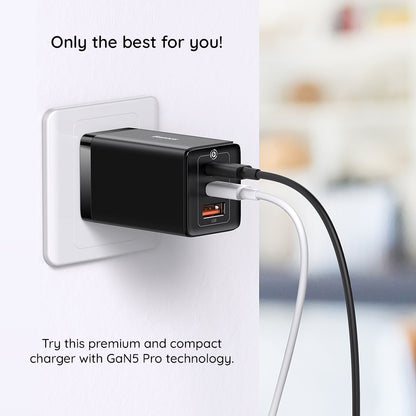 Nätverksladdare med USB-C-kabel Baseus GaN5 Pro, 65W, 3.25A, 1 x USB-A - 2 x USB-C, Svart C0206500
