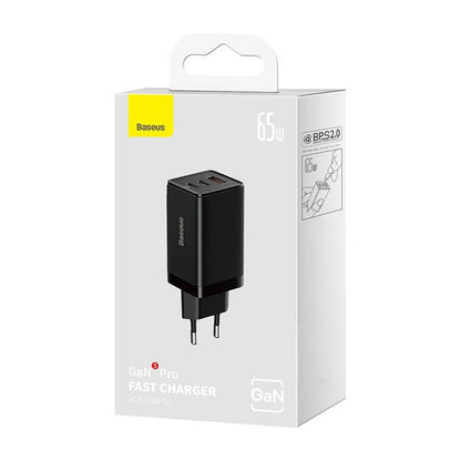 Nätverksladdare med USB-C-kabel Baseus GaN5 Pro, 65W, 3.25A, 1 x USB-A - 2 x USB-C, Svart C0206500