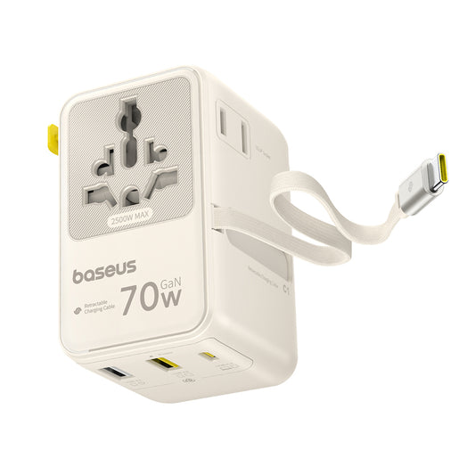 Nätadapter med USB-C-kabel Baseus Travel EnerCore CG11, 70W, 2 x uttag - 1 x USB-C - 2 x USB-A, vit E0307E01