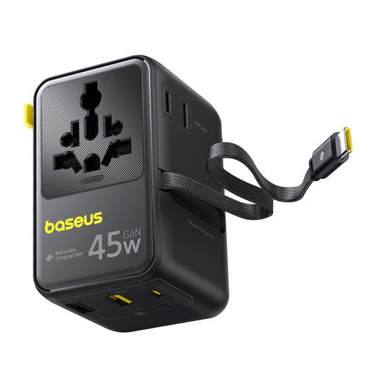 Nätadapter med USB-C-kabel Baseus Travel PicoGo AG11, 45W, 2 x uttag - 1 x USB-C - 2 x USB-A, svart E0307F00