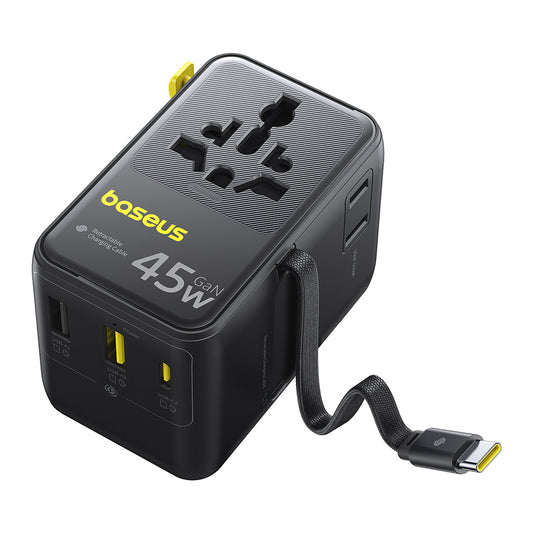 Nätadapter med USB-C-kabel Baseus Travel PicoGo AG11, 45W, 2 x uttag - 1 x USB-C - 2 x USB-A, svart E0307F00