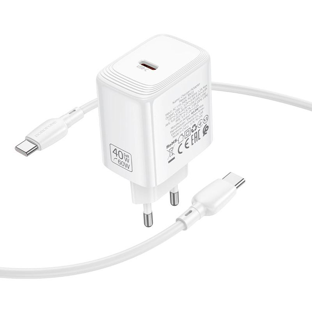 Nätadapter med USB-C-kabel Borofone BN33 Fuente, 40W, 1 x USB-C, Vit