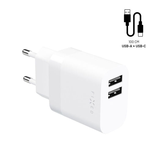 Nätverksladdare med USB-C-kabel Fixed, 17W, 3A, 2 x USB-A, Vit