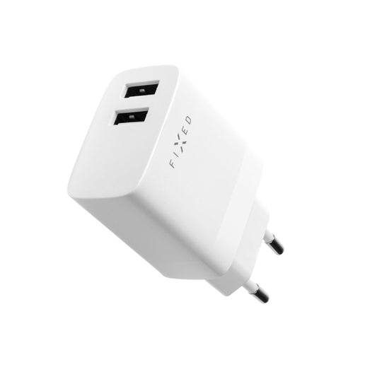 Nätverksladdare med USB-C-kabel Fixed, 17W, 3A, 2 x USB-A, Vit