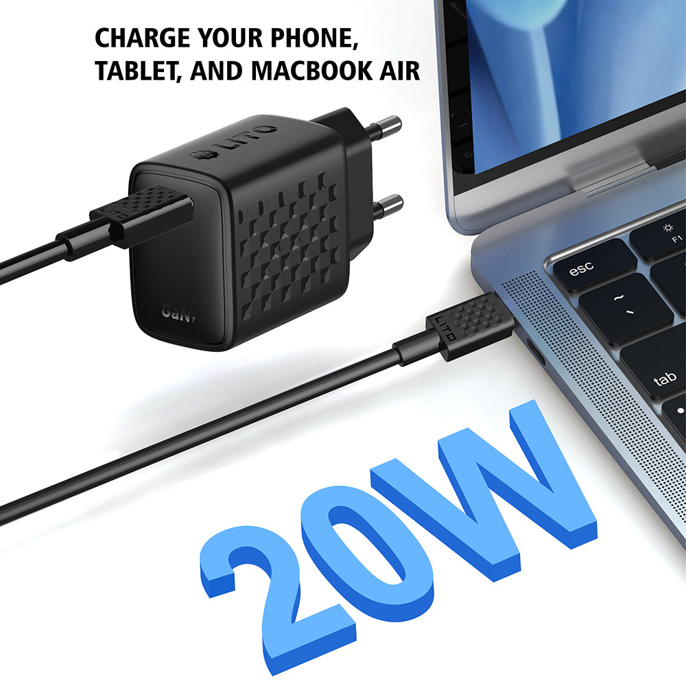 Nätverksladdare med USB-C-kabel Lito LC13T, 20W, 3A, 1 x USB-C, Svart
