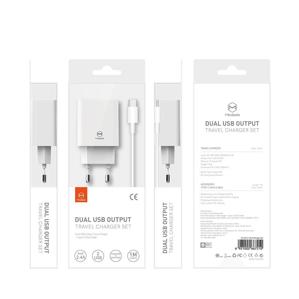 Nätverksladdare med USB-C-kabel McDodo CH-6721 Erbjudande, 12W, 2.4A, 2 x USB-A, Vit