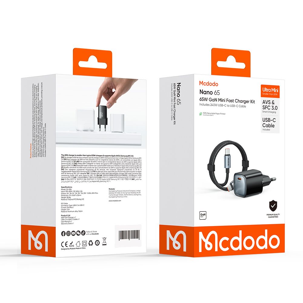 Nätadapter med USB-C-kabel Mcdodo Nano CH-8262, 65W, 3,25A, 1 x USB-C, Svart