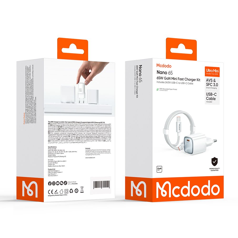 Nätadapter med USB-C-kabel Mcdodo Nano CH-8263, 65W, 3,25A, 1 x USB-C, Vit