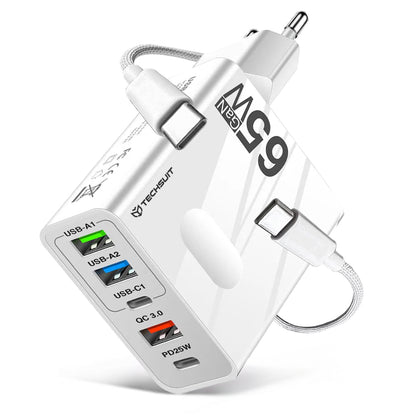 Nätverksladdare med USB-C-kabel Techsuit CHC1 PentaXPower, 25W, 3A, 3 x USB-A - 2 x USB-C, Vit