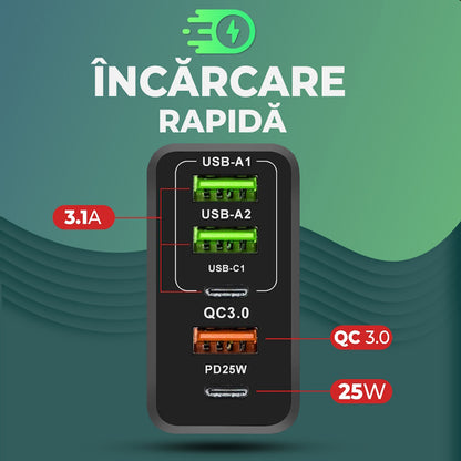 Nätverksladdare med USB-C-kabel Techsuit CHC1 PentaXPower, 25W, 3A, 3 x USB-A - 2 x USB-C, Svart