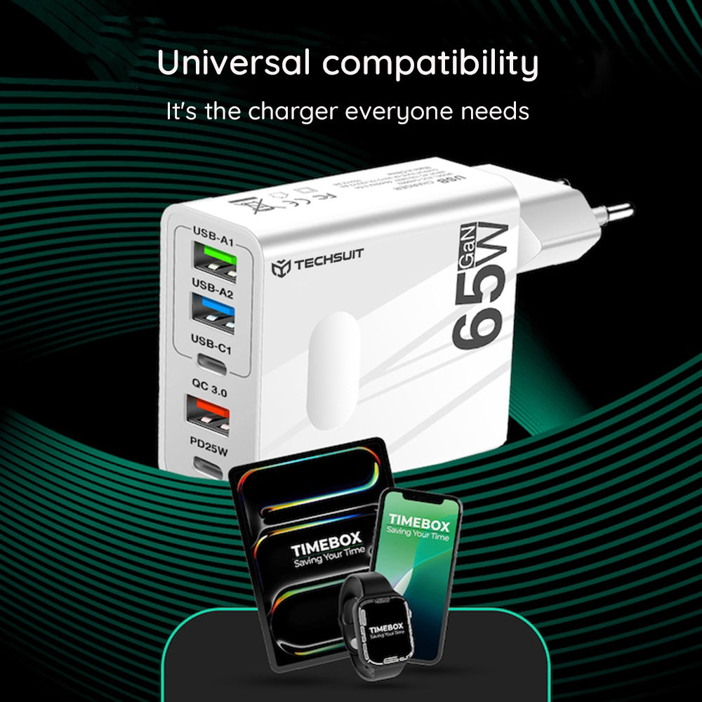 Nätverksladdare med USB-C-kabel Techsuit CHC1 PentaXPower, 25W, 3A, 3 x USB-A - 2 x USB-C, Svart