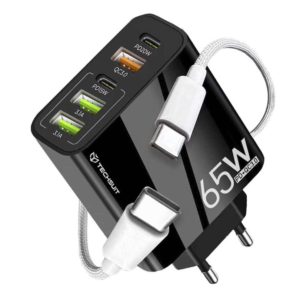 Nätverksladdare med USB-C-kabel Techsuit CHC2 PentaXPower, 20W, 3A, 3 x USB-A - 2 x USB-C, Svart