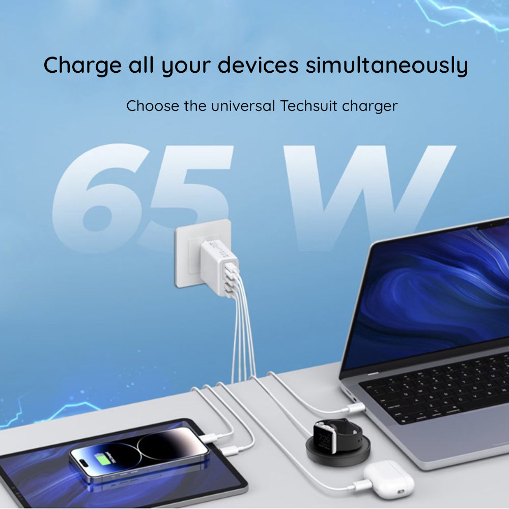 Nätverksladdare med USB-C-kabel Techsuit CHC2 PentaXPower, 20W, 3A, 3 x USB-A - 2 x USB-C, Svart