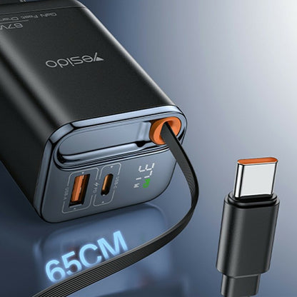Nätverksladdare med USB-C-kabel Yesido YC100 Display, 67W, 3.35A, 1 x USB-A - 1 x USB-C, Svart
