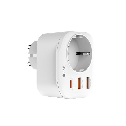 Nätverksladdare DEVIA WW09-F-PD, 20W, 3A, 2 x USB-A - 1 x USB-C - 1 x Schuko, Vit