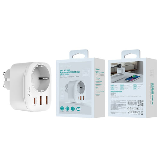 Nätverksladdare DEVIA WW09-F-PD, 20W, 3A, 2 x USB-A - 1 x USB-C - 1 x Schuko, Vit