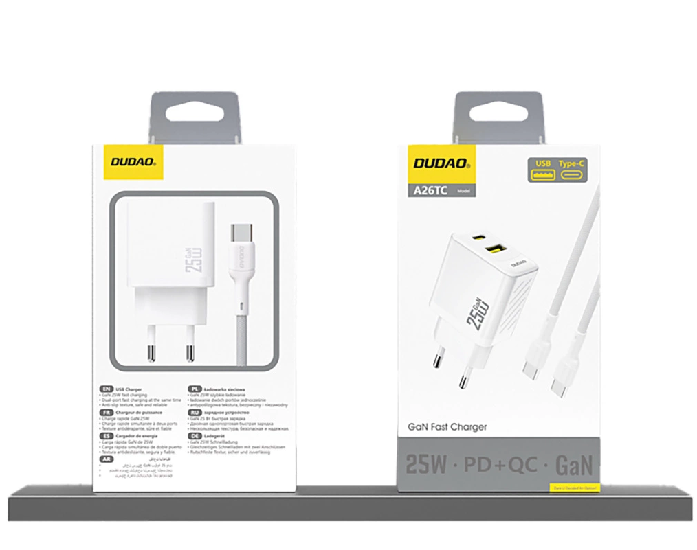 Dudao A26T Nätverksladdare, 25W, 3A, 1 x USB-A - 1 x USB-C, Vit