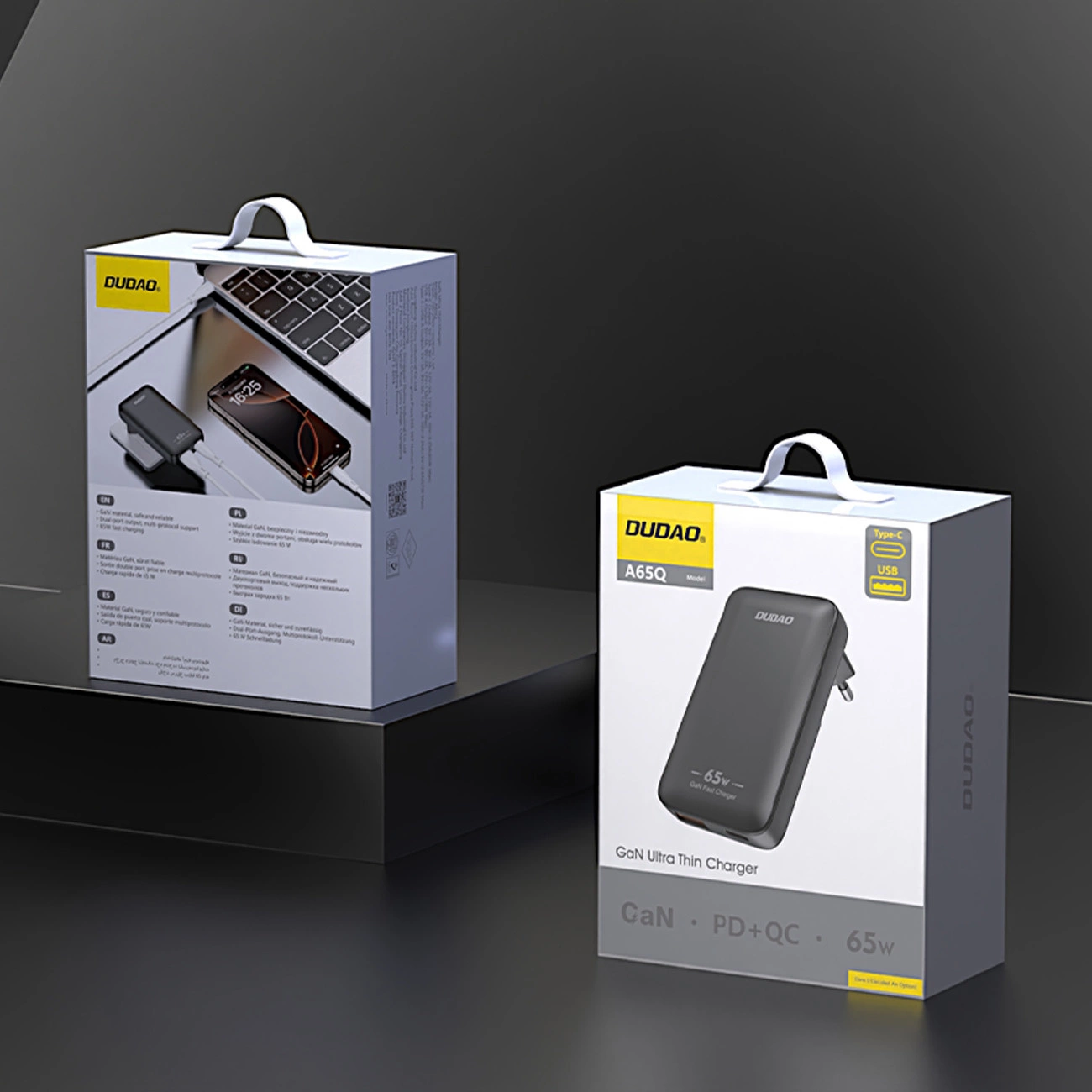 Dudao A65Q Travel Nätverksladdare, 65W, 3.25A, 1 x USB-A - 1 x USB-C, Svart