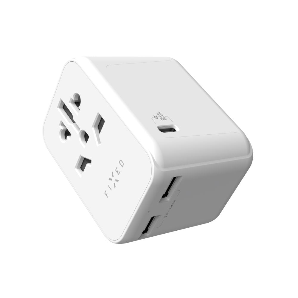 Nätadapter Fixed Travel, 30W, 3A, 2 x USB-A - 1 x USB-C, Vit