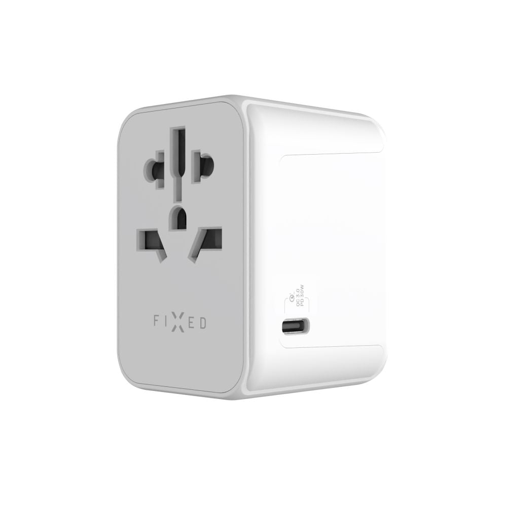 Nätadapter Fixed Travel, 30W, 3A, 2 x USB-A - 1 x USB-C, Vit