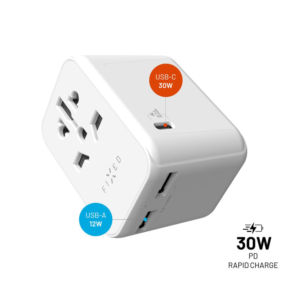 Nätadapter Fixed Travel, 30W, 3A, 2 x USB-A - 1 x USB-C, Vit