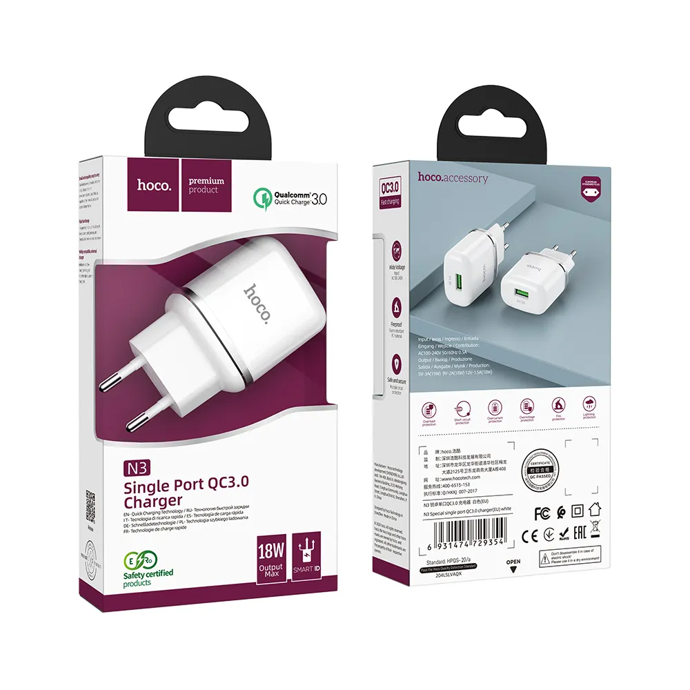 Nätverksladdare HOCO N3, 18W, 3A, 1 x USB-A, Vit