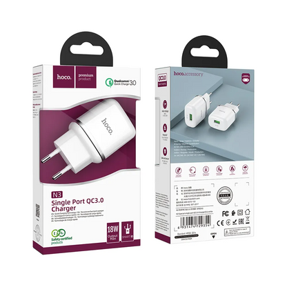 Nätverksladdare HOCO N3, 18W, 3A, 1 x USB-A, Vit