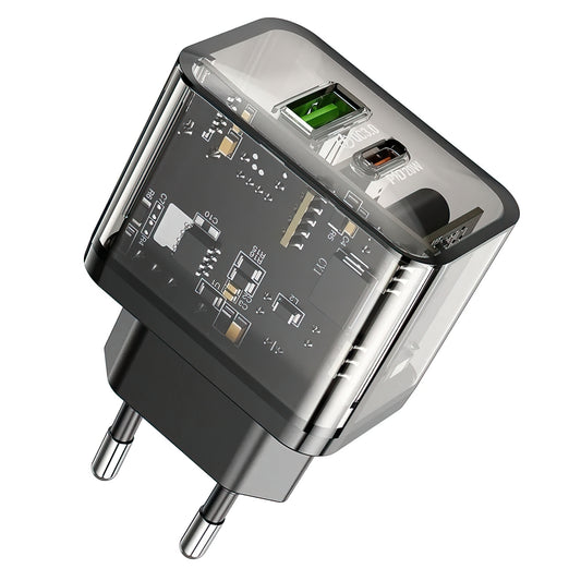Nätverksladdare HOCO N34, 20W, 3A, 1 x USB-A - 1 x USB-C, Transparent