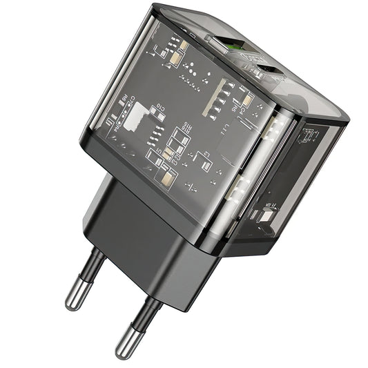 Nätverksladdare HOCO N34, 20W, 3A, 1 x USB-A - 1 x USB-C, Transparent