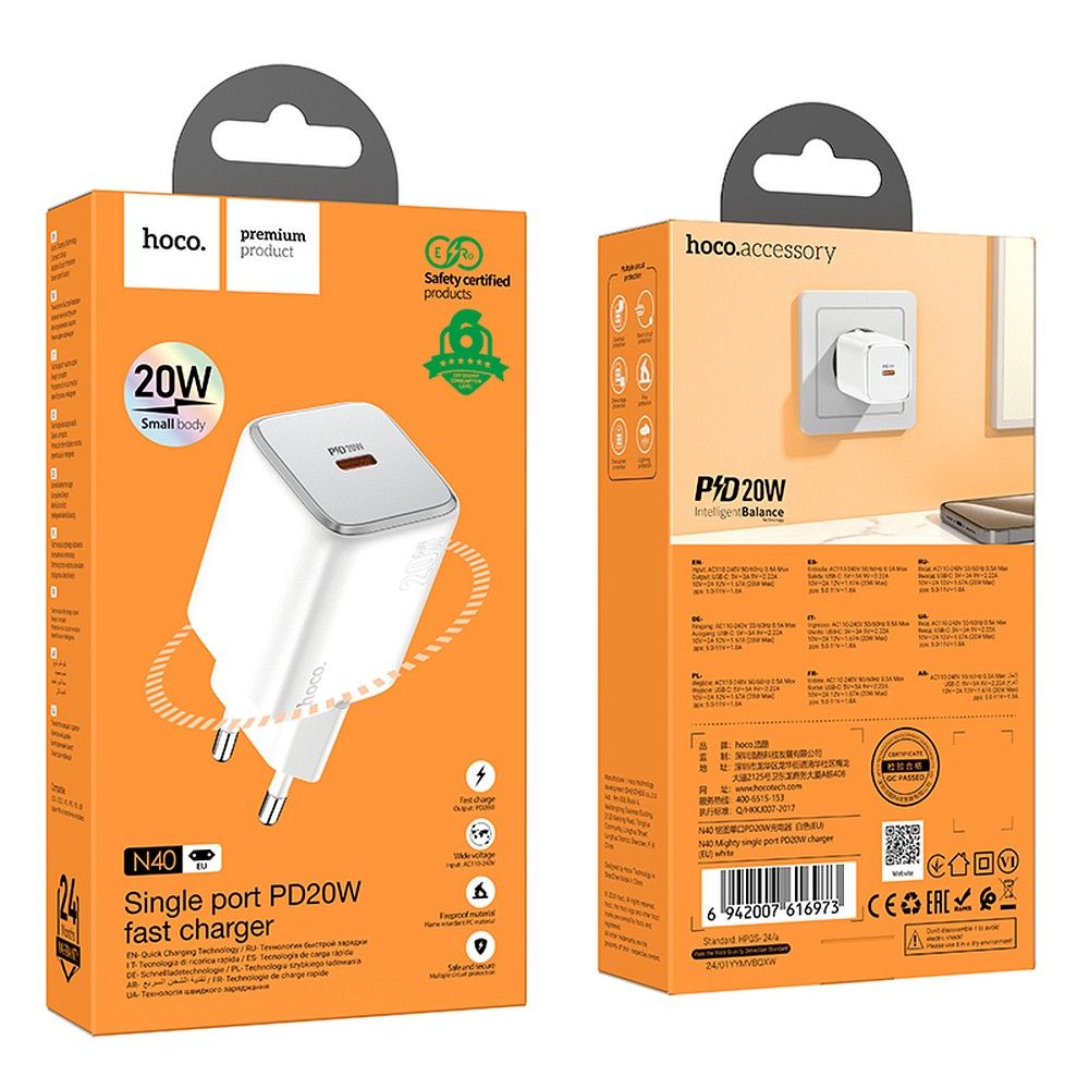 HOCO N40 Nätverksladdare, 20W, 3A, 1 x USB-C, Vit
