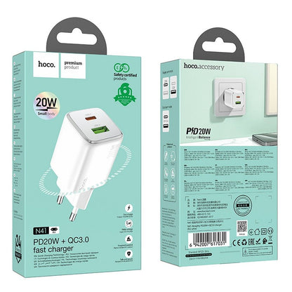 Nätverksladdare HOCO N41, 20W, 3A, 1 x USB-A - 1 x USB-C, Vit