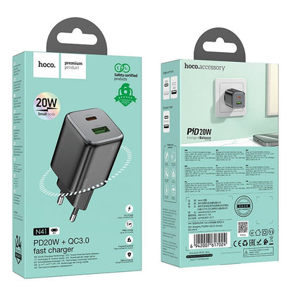Nätverksladdare HOCO N41, 20W, 3A, 1 x USB-A - 1 x USB-C, Svart