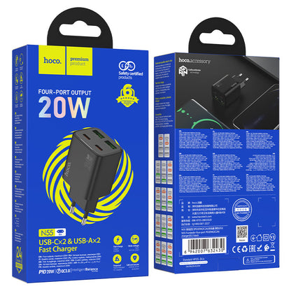 Nätverksladdare HOCO N55, 20W, 3A, 2 x USB-A - 2 x USB-C, Svart