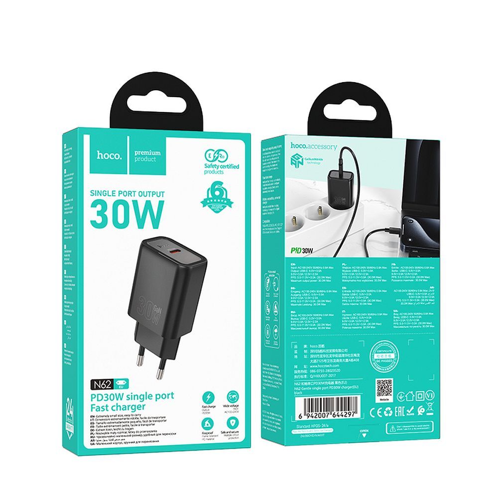 Nätverksladdare HOCO N62, 30W, 3A, 1 x USB-C, Svart