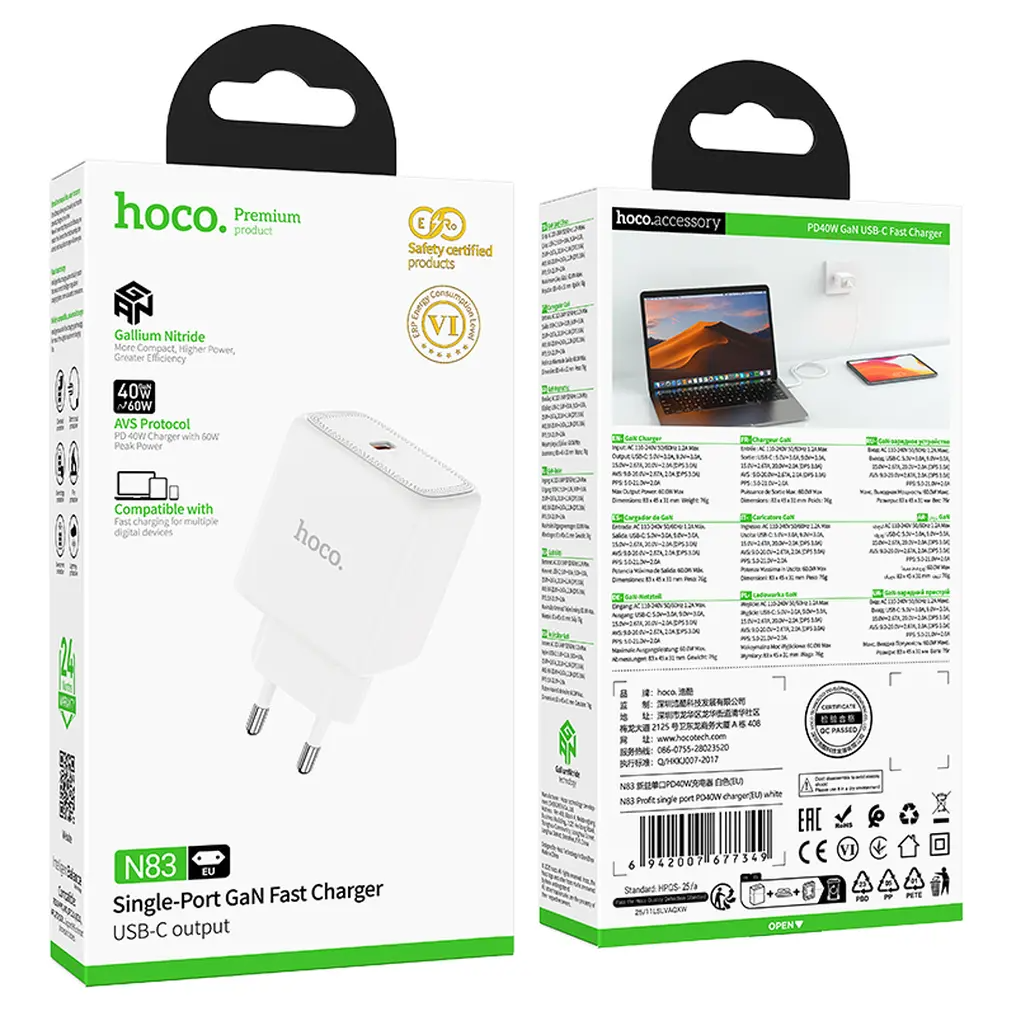 Nätadapter HOCO N83, 40W, 3A, 1 x USB-C, Vit