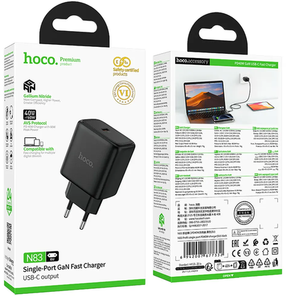 Nätadapter HOCO N83, 40W, 3A, 1 x USB-C, Svart