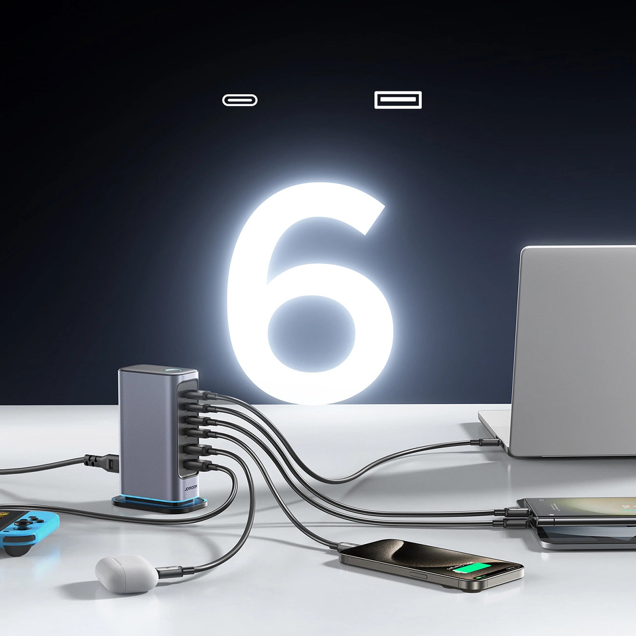 Laddningsstation Joyroom JR-TCM02, 65W, 3.25A, 2 x USB-A - 4 x USB-C, Grå
