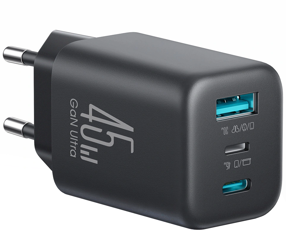 Nätadapter Joyroom JR-TO1, 45W, 3A, 1 x Lightning - 1 x USB-A - 1 x USB-C, Svart